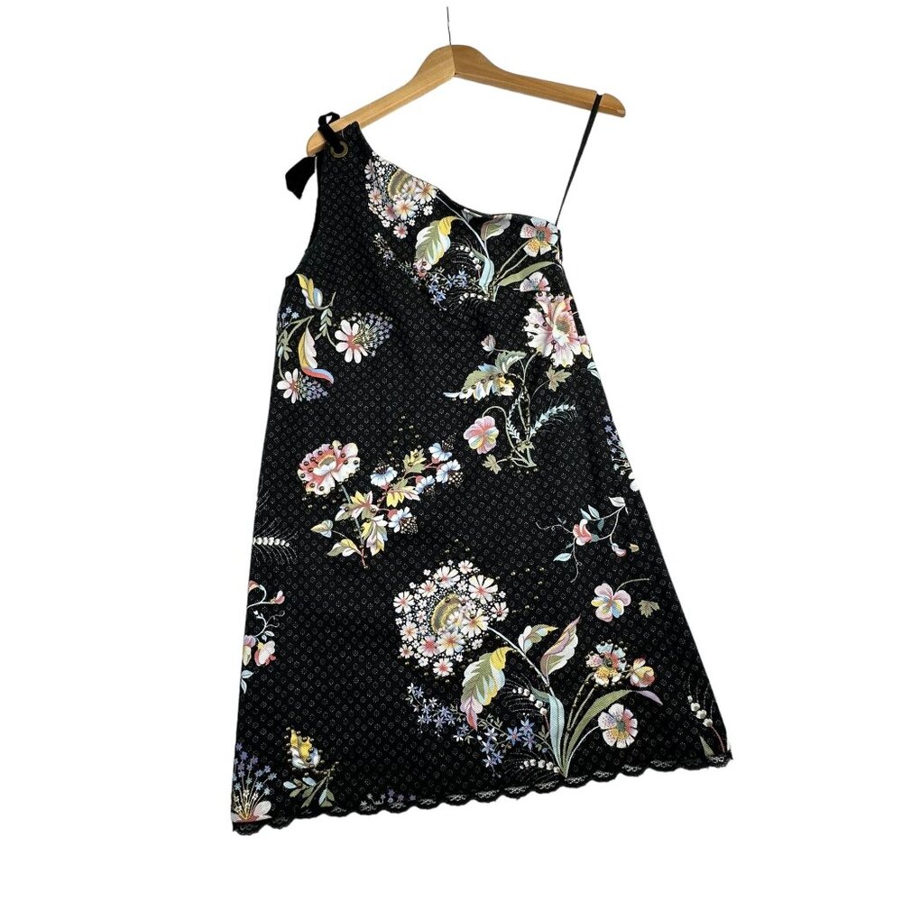 Anthropologie Maeve One Shoulder Floral Dress size 0 Black